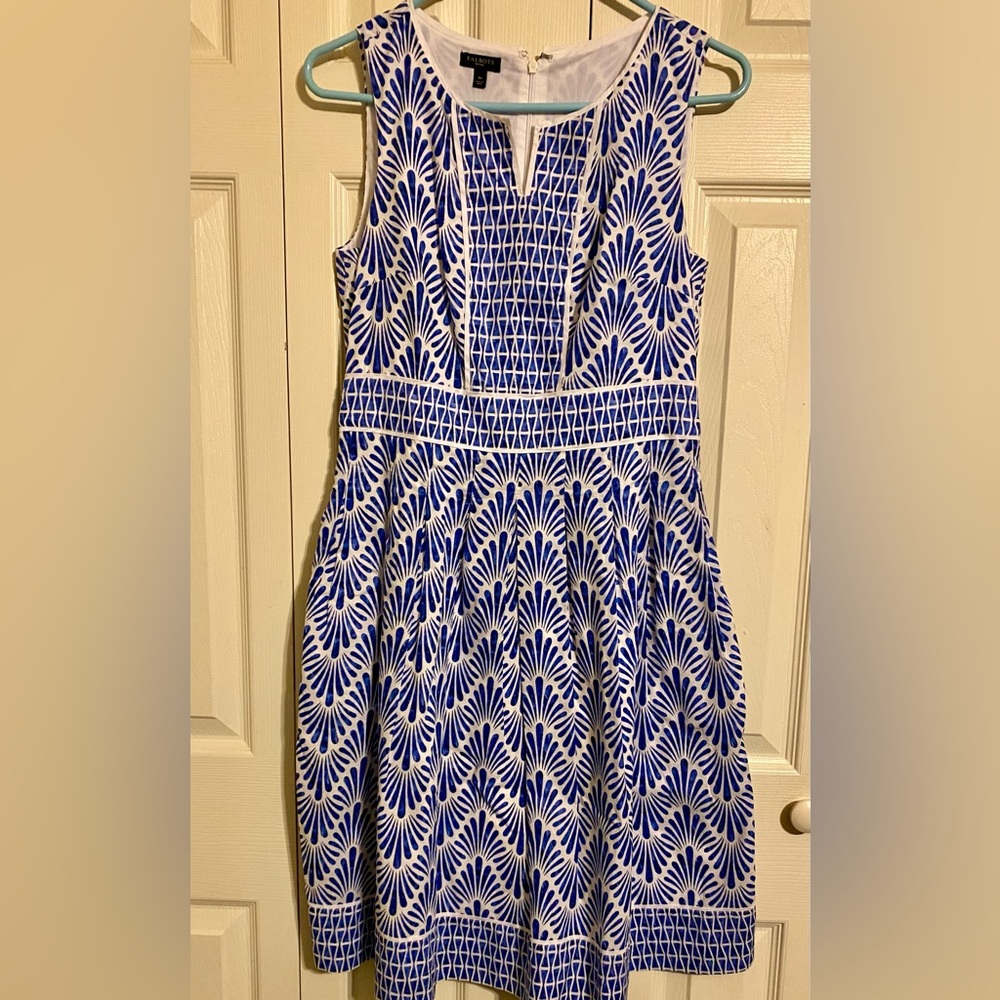 Talbots  Blue and White Brushstrokes Fit-and-Flare Women’s Dress With Pockets